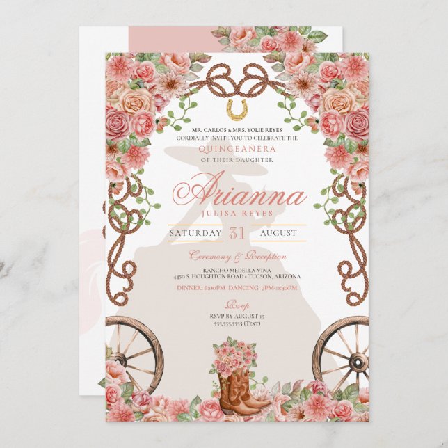 Invitation Rose Gold Western Charra Ranchera Quinceañera (Devant / Derrière)