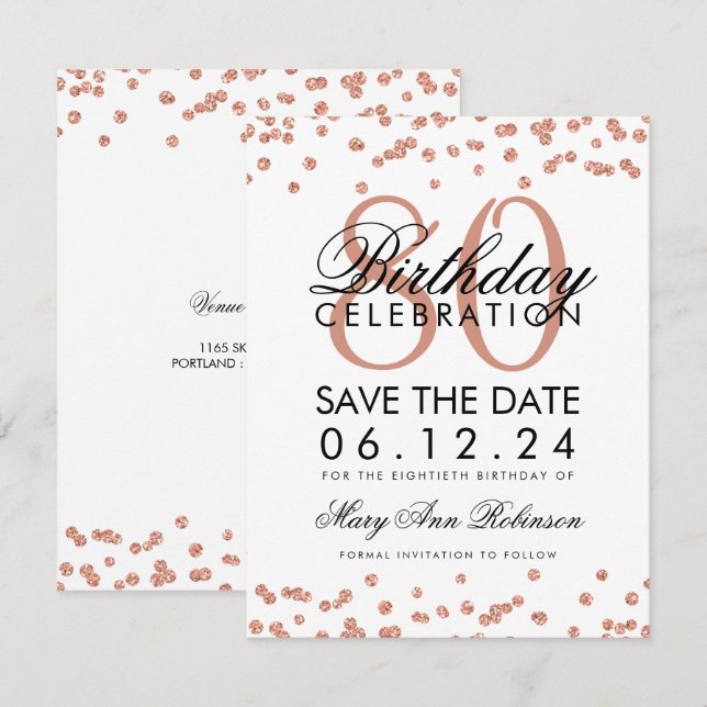 Invitation Rose Gold White 80th Birthday Save Date Confetti (Devant / Derrière)