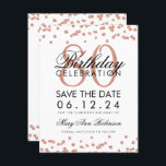 Invitation Rose Gold White 80th Birthday Save Date Confetti<br><div class="desc">Elégant design "80e anniversaire fête" avec Rose Gold Faux Parties scintillant Confetti White et nom personnalisé et texte de détails. Facile à utiliser et facile à personnaliser. Commandez aujourd'hui !</div>