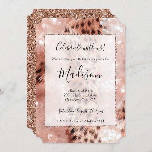 Invitation Rose Gold & White Leopard Glitz Parties scintillan (Devant / Derrière)
