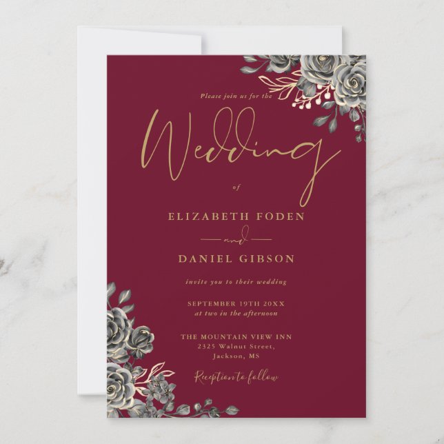 Invitation Rose gothique Floral Bourgogne Et Mariage Or (Devant)