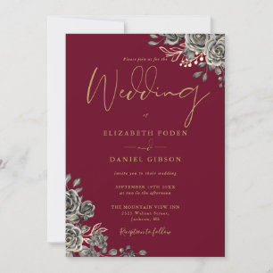 Invitation Rose gothique Floral Bourgogne Et Mariage Or