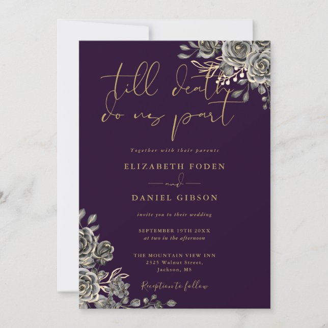 Invitation Rose gothique violet et or Mariage Floral (Devant)