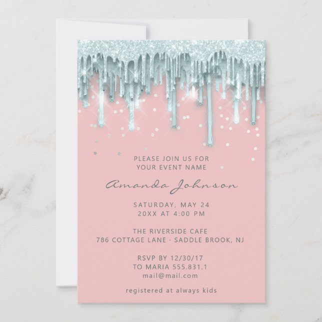 Invitation Rose goutte Parties scintillant bébé fille rose bl (Devant)