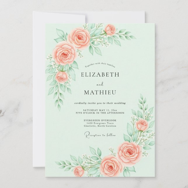 Invitation Rose gracieuse de mariage vert menthe (Devant)