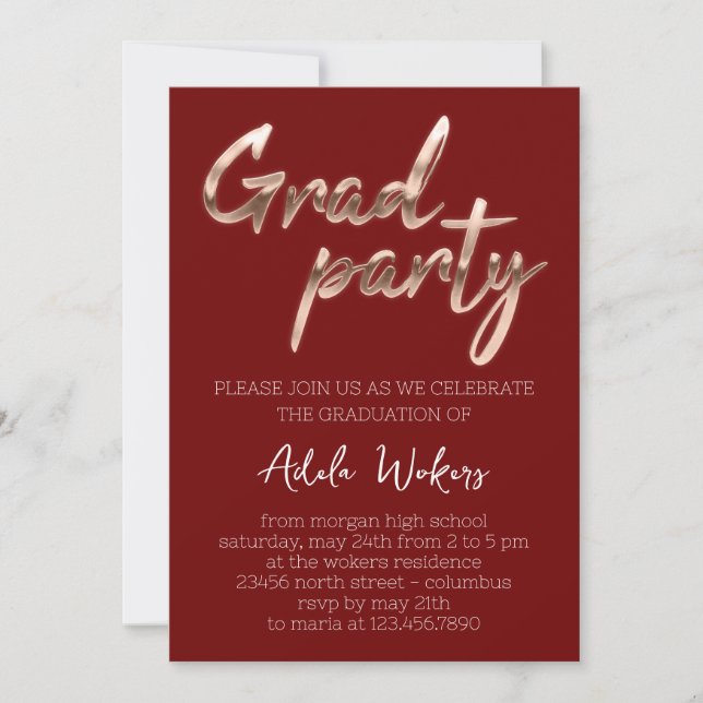Invitation Rose Graduation Party Script Grad Bourgogne (Devant)