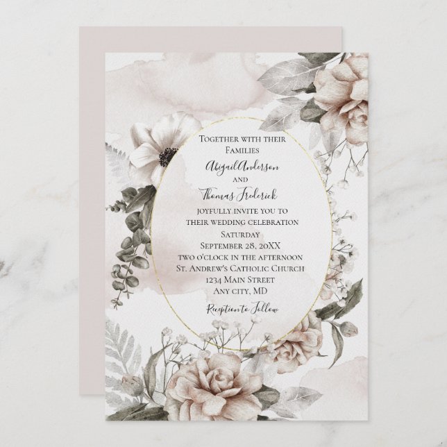 Invitation Rose Grey Floral Botanique Élégant Mariage officie (Devant / Derrière)