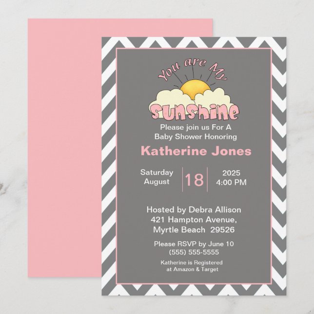 Invitation Rose Grey Vous Êtes Mon Baby shower Sunshine (Devant / Derrière)