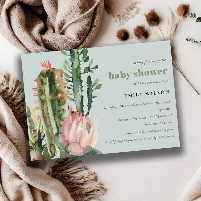 INVITATION ROSE GRIS DÉSERT FLORAL CACTI BABY SHOWER FOLIAGE (Créateur téléchargé)
