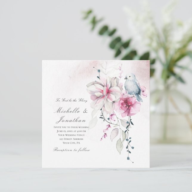 Invitation Rose gris floral blanc colombe Mariage chrétien (Debout devant)