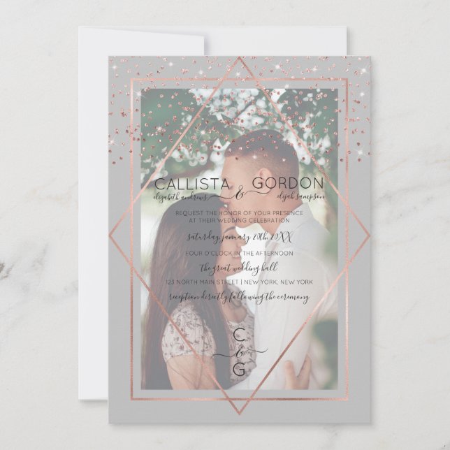 Invitation Rose gris Gold Confetti Geo Mariage photo frontièr (Devant)