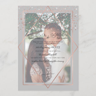 Invitation Rose gris Gold Confetti Geo Mariage photo frontièr