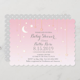 Invitation Rose Gris Lune Étoiles Fille Baby shower Invitatio