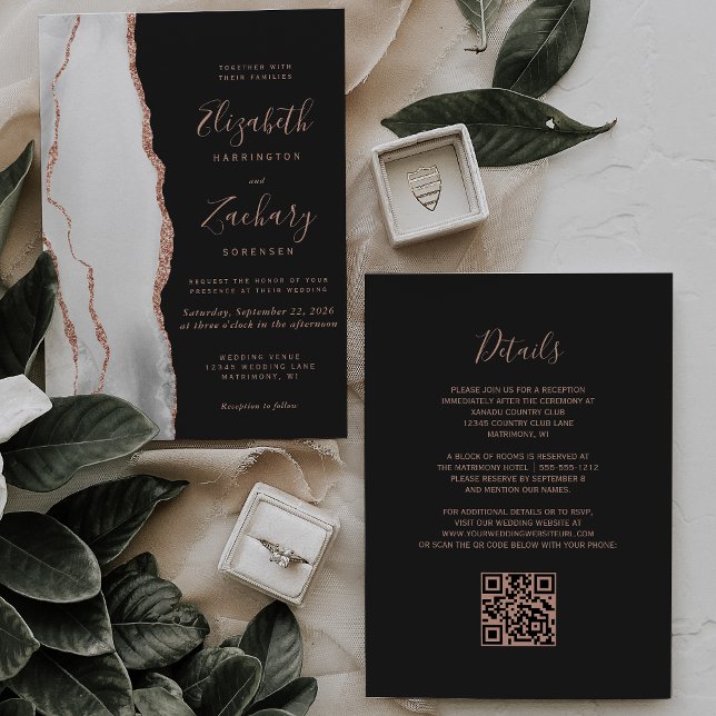 Invitation Rose grise or agate ardoise noire Code QR Mariage (Créateur téléchargé)