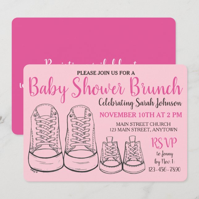 Invitation Rose Gros Chaussures Fille Nouveau bébé Douche (Devant / Derrière)