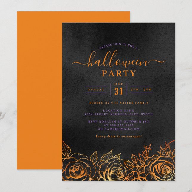 Invitation Rose Halloween Orange Noir Fête  (Devant / Derrière)