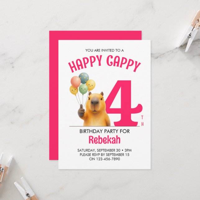 Invitation Rose HAPPY CAPPY Capybara personnalisé 4e annivers (Devant/Arrière en situation)