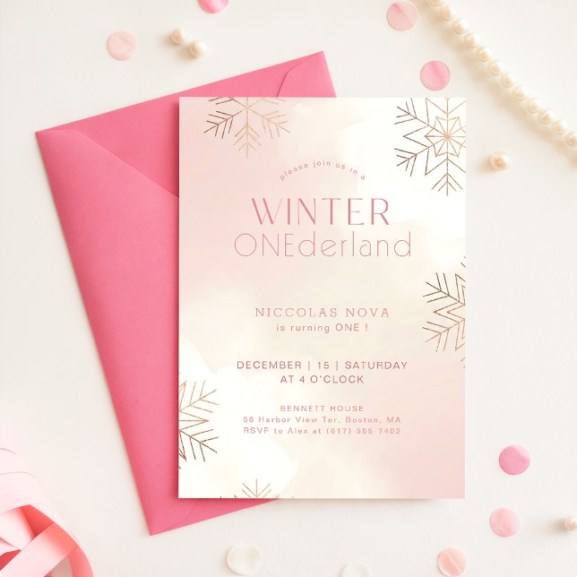 Invitation Rose Hiver Onederland Flocon de Neige 1er Annivers (Créateur téléchargé)