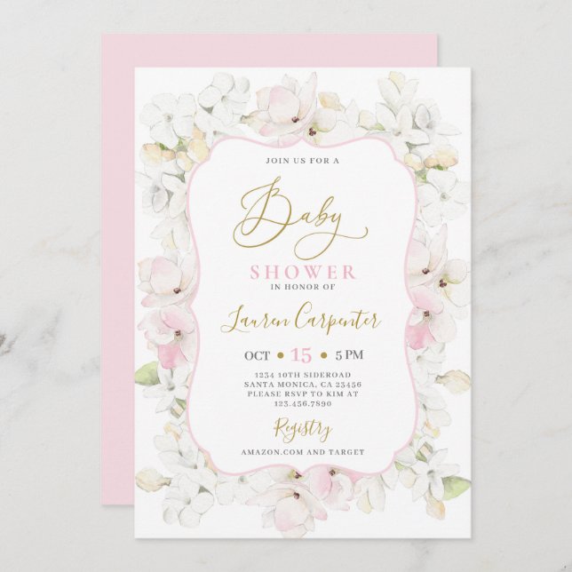 Invitation Rose Hydrangea Baby shower fille (Devant / Derrière)