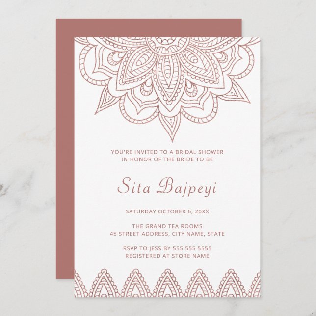 Invitation Rose indien moderne Gold Mehndi Fête des mariées h (Devant / Derrière)