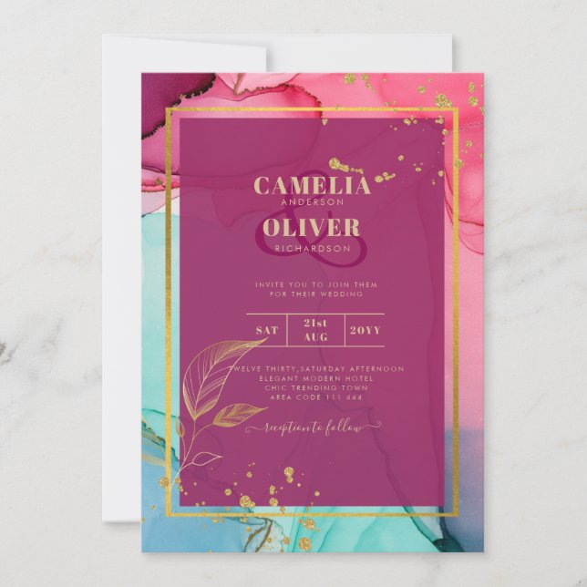 Invitation ROSE intense Turquoise OR OR MARIAGE Encre d'alcoo (Devant)