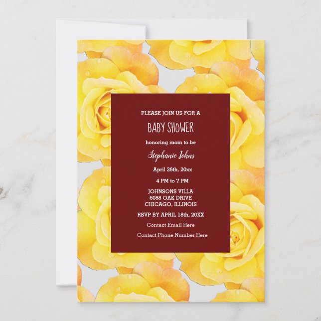 Invitation Rose Jaune Baby shower Floral Fille Bourgogne Roug (Devant)
