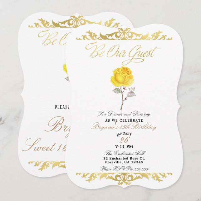 Invitation Rose jaune & élégante fête d'anniversaire en or (Devant / Derrière)