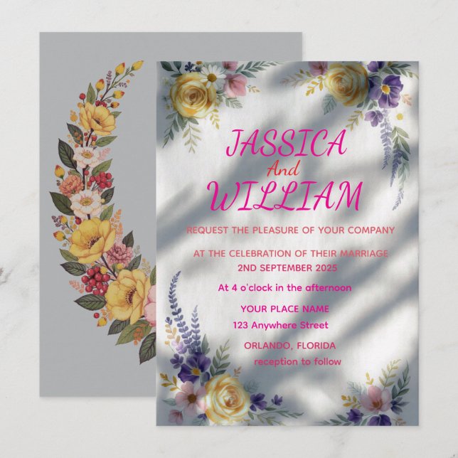 Invitation Rose jaune et lavande aquarelle rustique moderne & (Devant / Derrière)