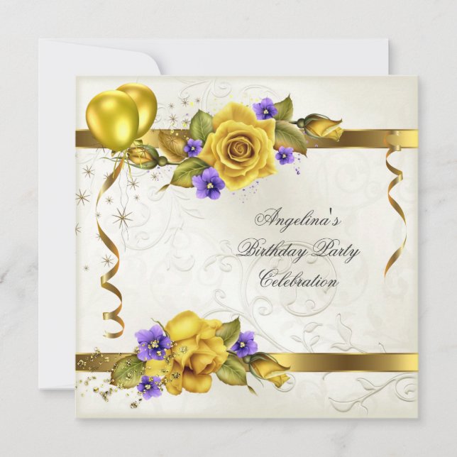 Invitation Rose Jaune Or Violet Crème Fête d'anniversaire (Devant)