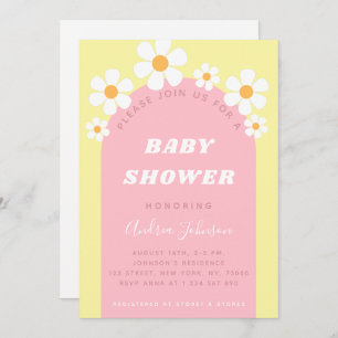 Invitation Rose Jaune Retro Boho Arch Daisy Baby shower migno