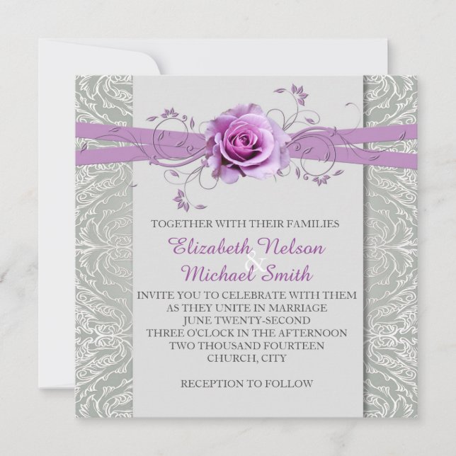 Invitation Rose Lavender Grey Silver Mariage damassé Invitati (Devant)