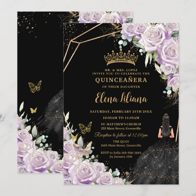 Invitation Rose Lilac Floral Robe Noire Or Quinceañera (Devant / Derrière)