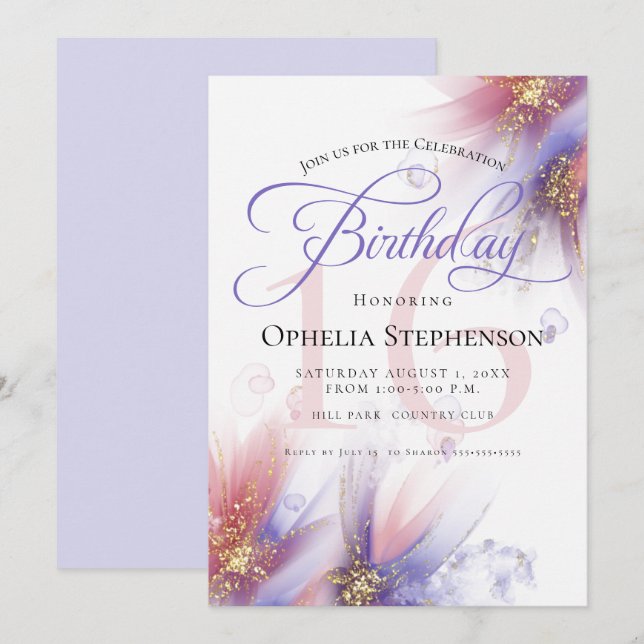 Invitation Rose lilas pastel Abstrait Floral Anniversaire  (Devant / Derrière)