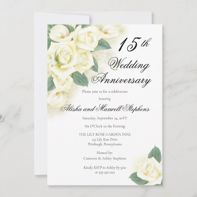 Invitation Rose | Lily  Floral 15e anniversaire de mariage (Devant)