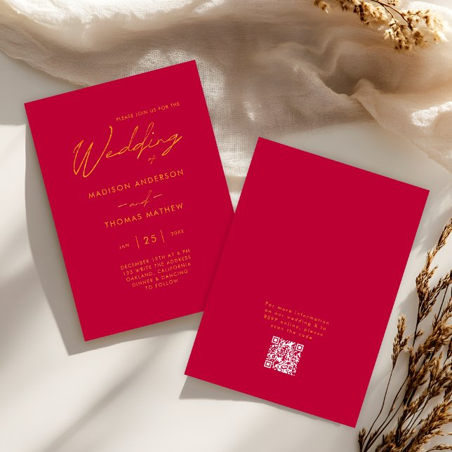 Invitation Rose Magenta Or Typographie Moderne RSVP Mariage (Front / Back)