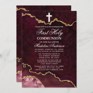 Invitation Rose Marbre Or Agate Géode Première Communion Sain
