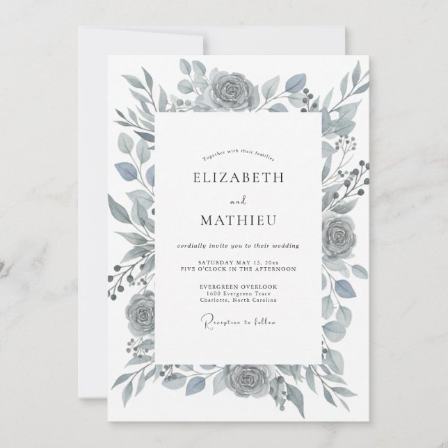 Invitation Rose Mariage Ardoise Acier (Devant)