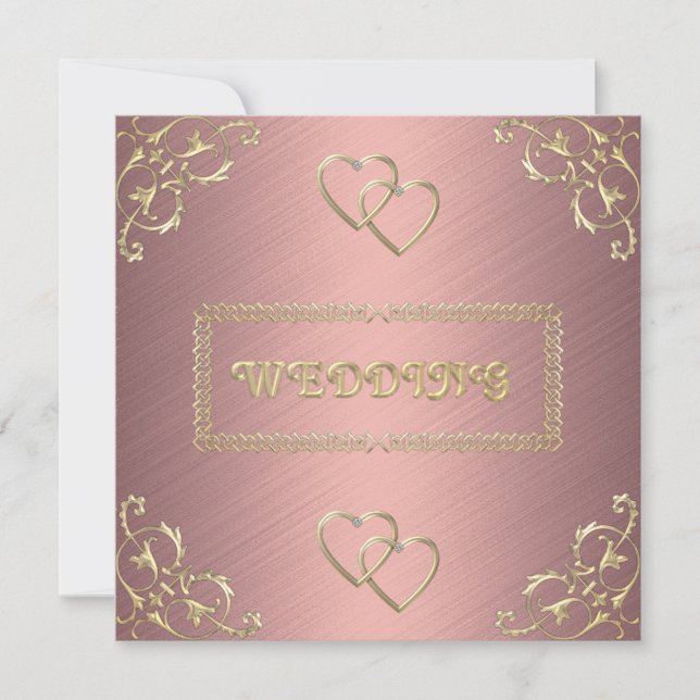 Invitation Rose mariage avec coeurs dorés (Devant)