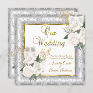 Invitation Rose mariage Champagne Gold Silver Damask