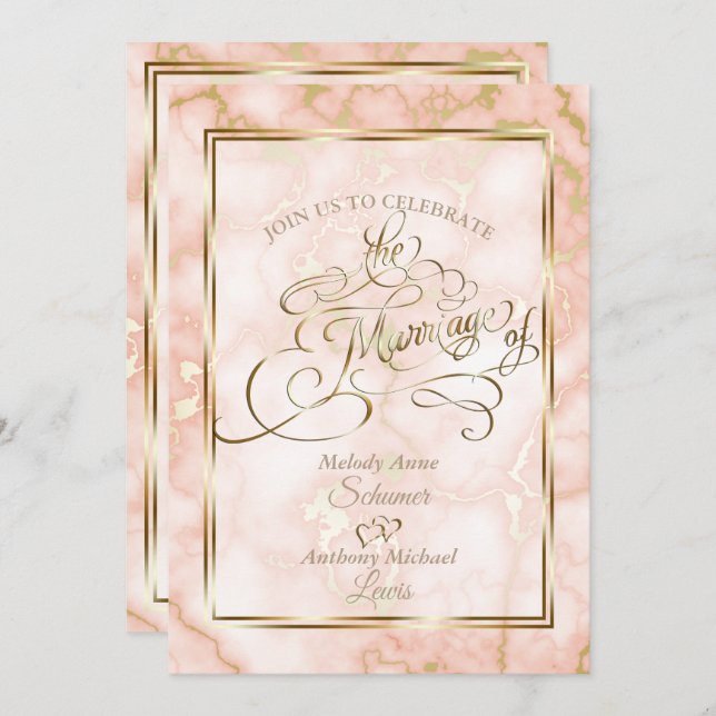 Invitation Rose mariage et marbre d'or (Devant / Derrière)