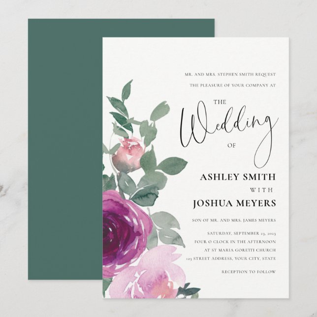 Invitation Rose Mariage Floral Roses Rose Clair Magenta (Devant / Derrière)