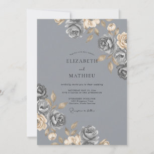 Invitation Rose Mariage Gris Acier