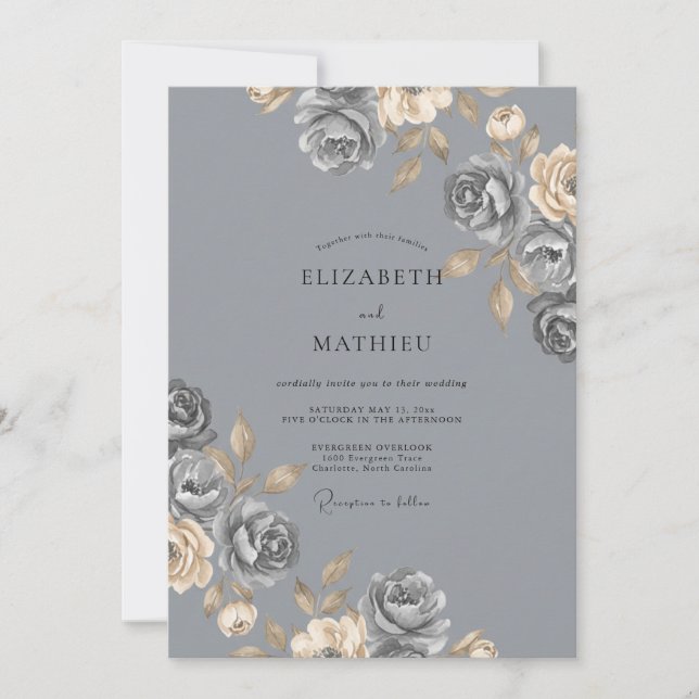 Invitation Rose Mariage Gris Acier (Devant)