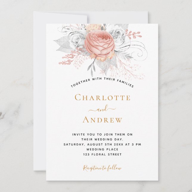 Invitation rose mariage or floral élégant argent (Devant)