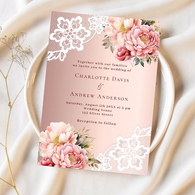 Invitation rose mariage or rose dentelle fleurie luxe (Créateur téléchargé)