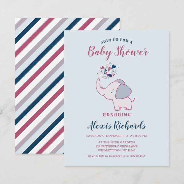 Invitation Rose & Marine Cute Elephant Baby shower à thème (Devant / Derrière)