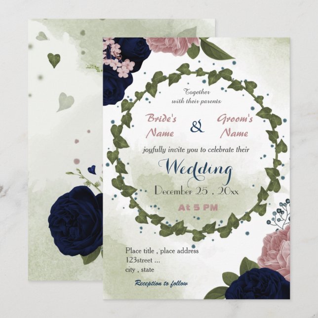 Invitation rose marine fleurs verdure couronne mariage (Devant / Derrière)