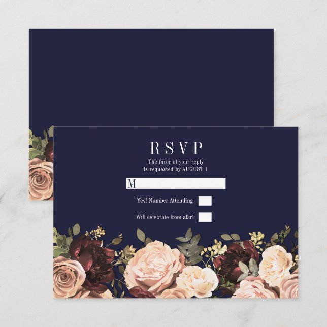 Invitation Rose Marron Floral Feuillage Bleu Marine Réponse M (Devant / Derrière)