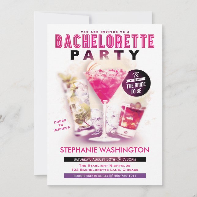 Invitation Rose Martini de partie de Bachelorette et (Devant)