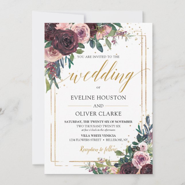 Invitation Rose mauve tendance poussiéreux fleurs rose or par (Devant)